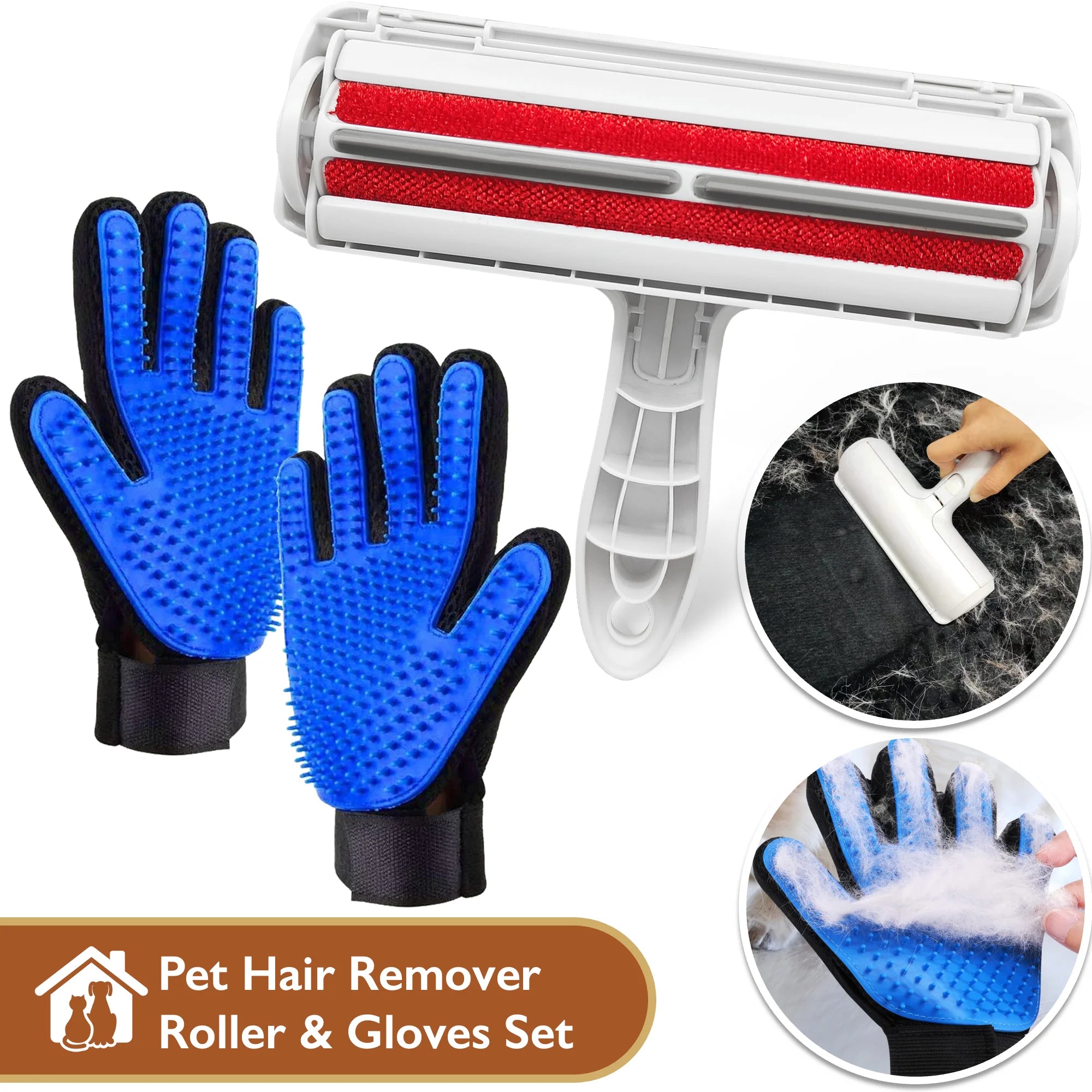 Pet Hair Remover & Pet Grooming Gloves Set, Dog/Cat Grooming Washing Gloves, Deshedding Brush for Dogs/Cats, Reusable Lint Roller for Pet Hair, Dog/Cat Hair/Fur Remover for Couch, Furniture