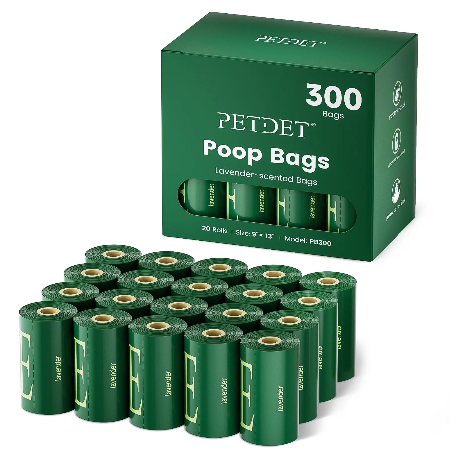 Petdet Dog Poop Bags - 300 Count, Extra Thick Waste Bags for Pets, Lavender Scented, 1 Dispenser, Green