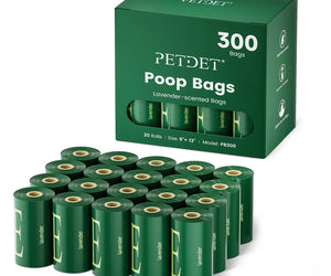 Petdet Dog Poop Bags - 300 Count, Extra Thick Waste Bags for Pets, Lavender Scented, 1 Dispenser, Green